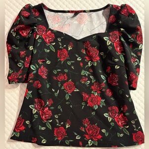 SHEIN Black Rose Floral Puff Sleeve Top | Romantic | Statement Blouse